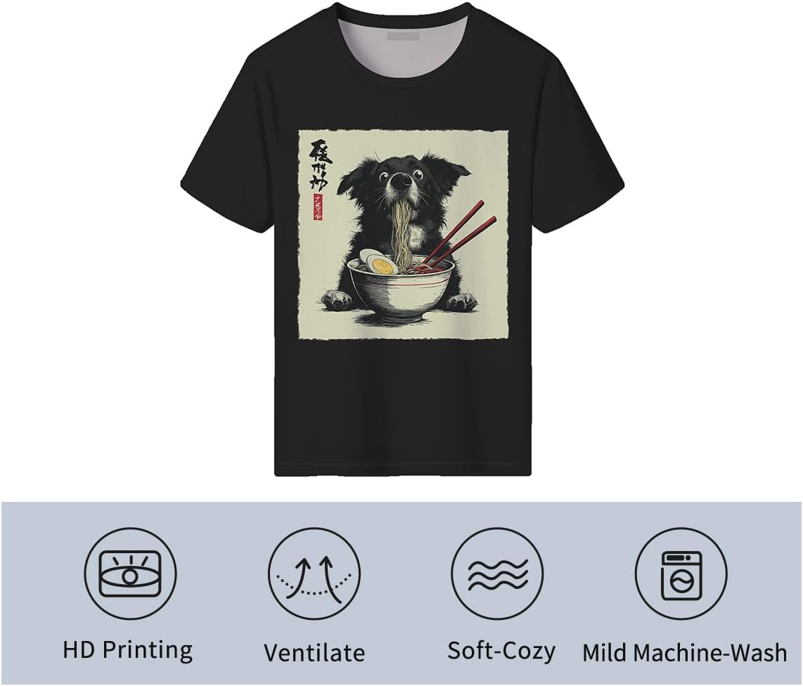 Men's Funny Dog Ramen Graphic T-Shirts Japanese Kawaii Anime Dog T-Shirt Casual Summer Tees