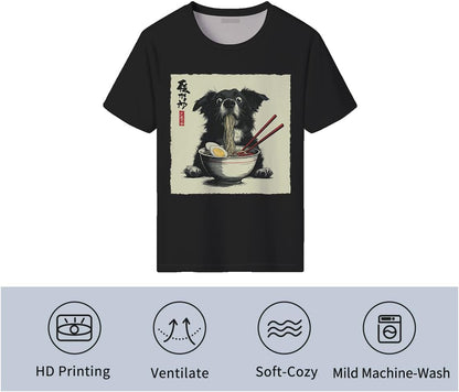 Men's Funny Dog Ramen Graphic T-Shirts Japanese Kawaii Anime Dog T-Shirt Casual Summer Tees