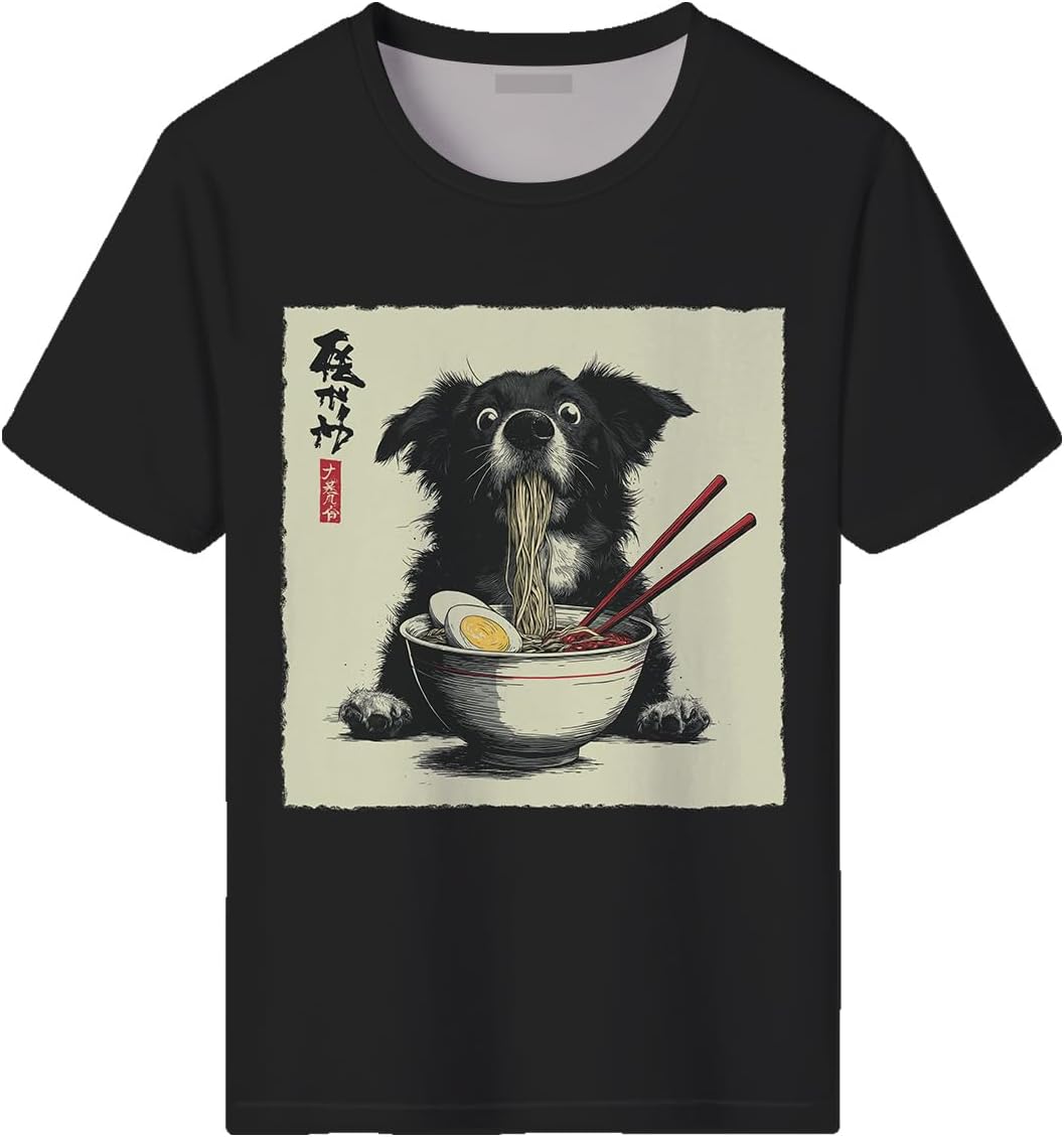 Men's Funny Dog Ramen Graphic T-Shirts Japanese Kawaii Anime Dog T-Shirt Casual Summer Tees