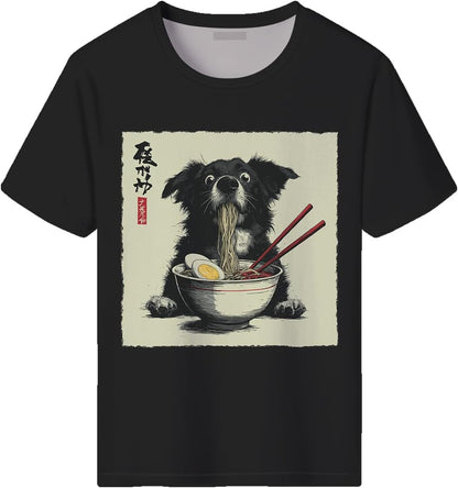 Men's Funny Dog Ramen Graphic T-Shirts Japanese Kawaii Anime Dog T-Shirt Casual Summer Tees