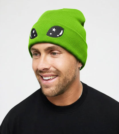 Funny Alien Beanie Hat with Big Eyes - Cuffed Cool Graphic Beanies Knit Winter Hats Warm Soft Stretchy Daily Cap