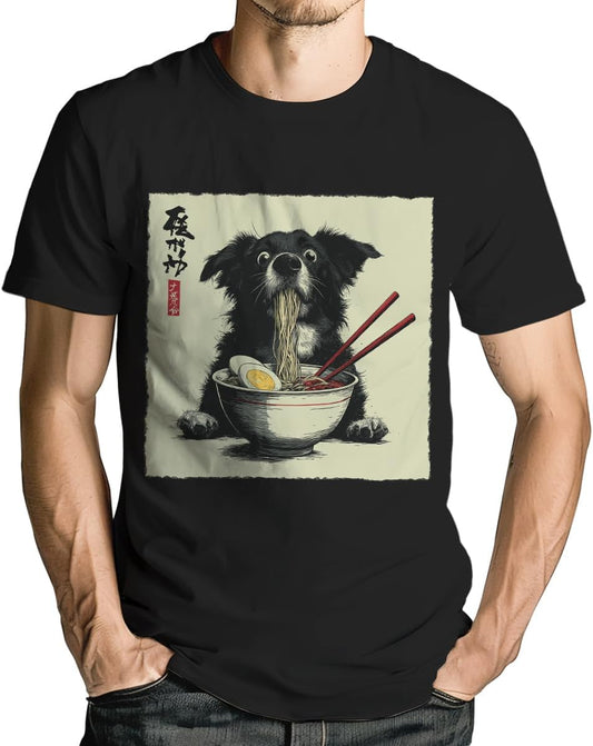 Men's Funny Dog Ramen Graphic T-Shirts Japanese Kawaii Anime Dog T-Shirt Casual Summer Tees