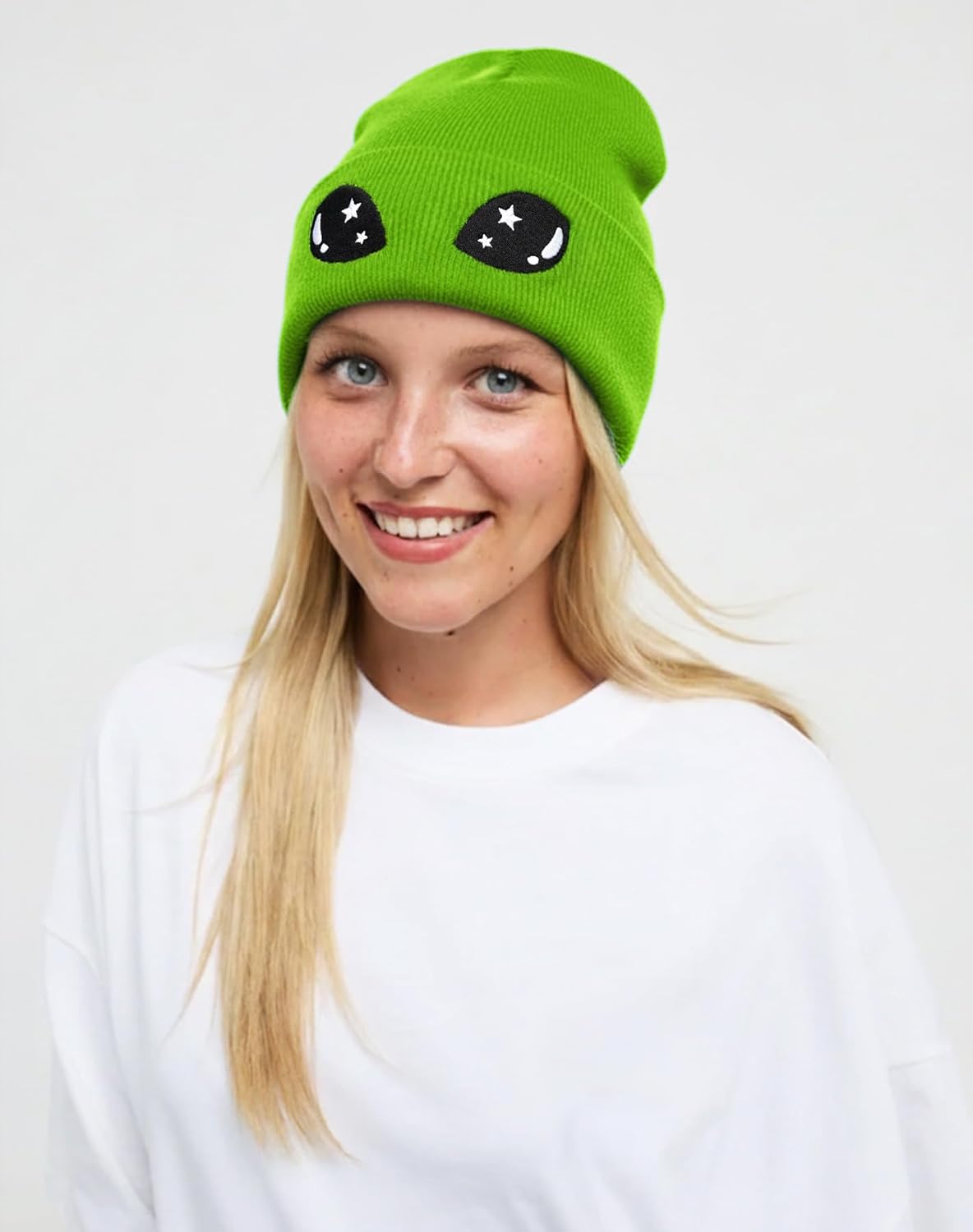 Funny Alien Beanie Hat with Big Eyes - Cuffed Cool Graphic Beanies Knit Winter Hats Warm Soft Stretchy Daily Cap