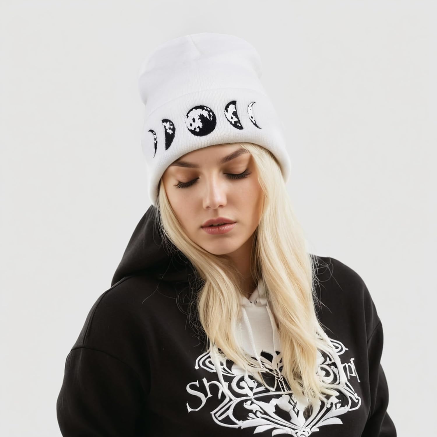 Gothic Moon Phase Skull Beanie Hats for Men Women, Warm Embroidery Winter Hat for Birthday Christmas & New Year