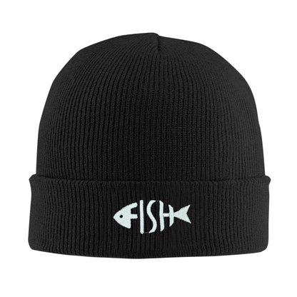 Fish Embroidery Beanie Hat Winter Warm Knit Cuffed Skull Cap for Women Men