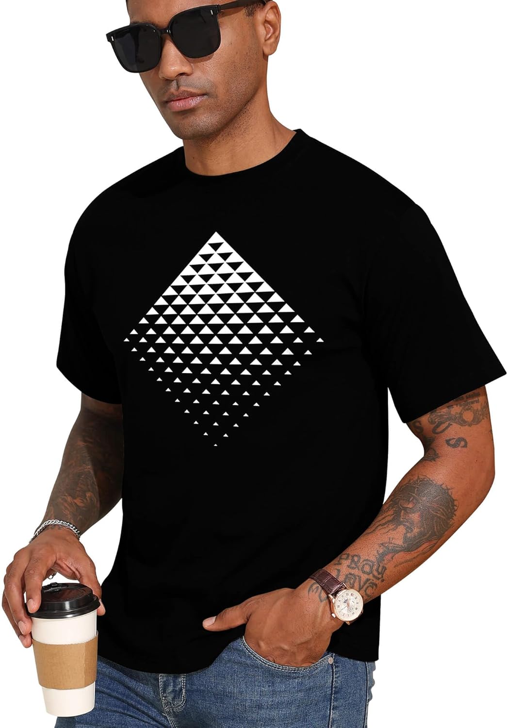 Mens Graphic T-Shirts Triangle Geometric Gradient Art Short Sleeve Summer Top Crewneck Casual Tees for Men