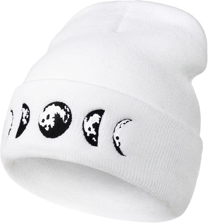 Gothic Moon Phase Skull Beanie Hats for Men Women, Warm Embroidery Winter Hat for Birthday Christmas & New Year