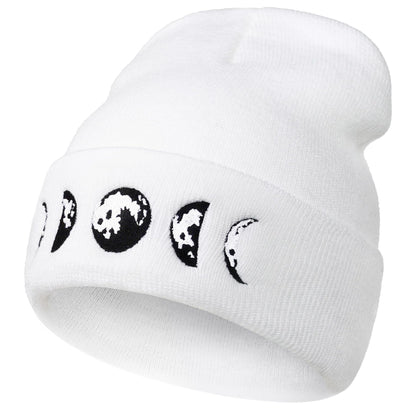 Gothic Moon Phase Skull Beanie Hats for Men Women, Warm Embroidery Winter Hat for Birthday Christmas & New Year