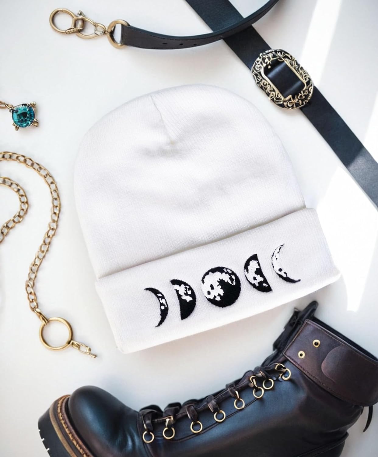 Gothic Moon Phase Skull Beanie Hats for Men Women, Warm Embroidery Winter Hat for Birthday Christmas & New Year