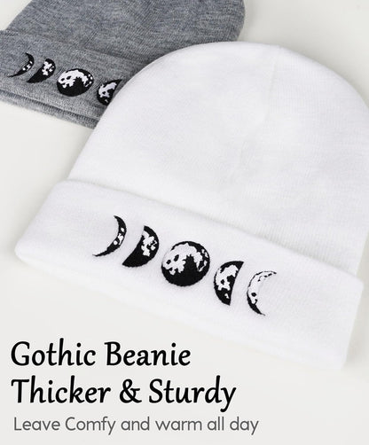 Gothic Moon Phase Skull Beanie Hats for Men Women, Warm Embroidery Winter Hat for Birthday Christmas & New Year