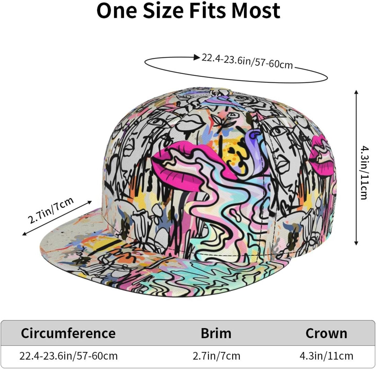 Graffiti Art Baseball Cap,Funny Print Adjustable Flat Bill Brim Cap Hip Hop Hat Baseball Cap for Men Women
