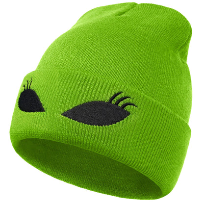 Funny Alien Beanie Hat with Big Eyes - Cuffed Cool Graphic Beanies Knit Winter Hats Warm Soft Stretchy Daily Cap