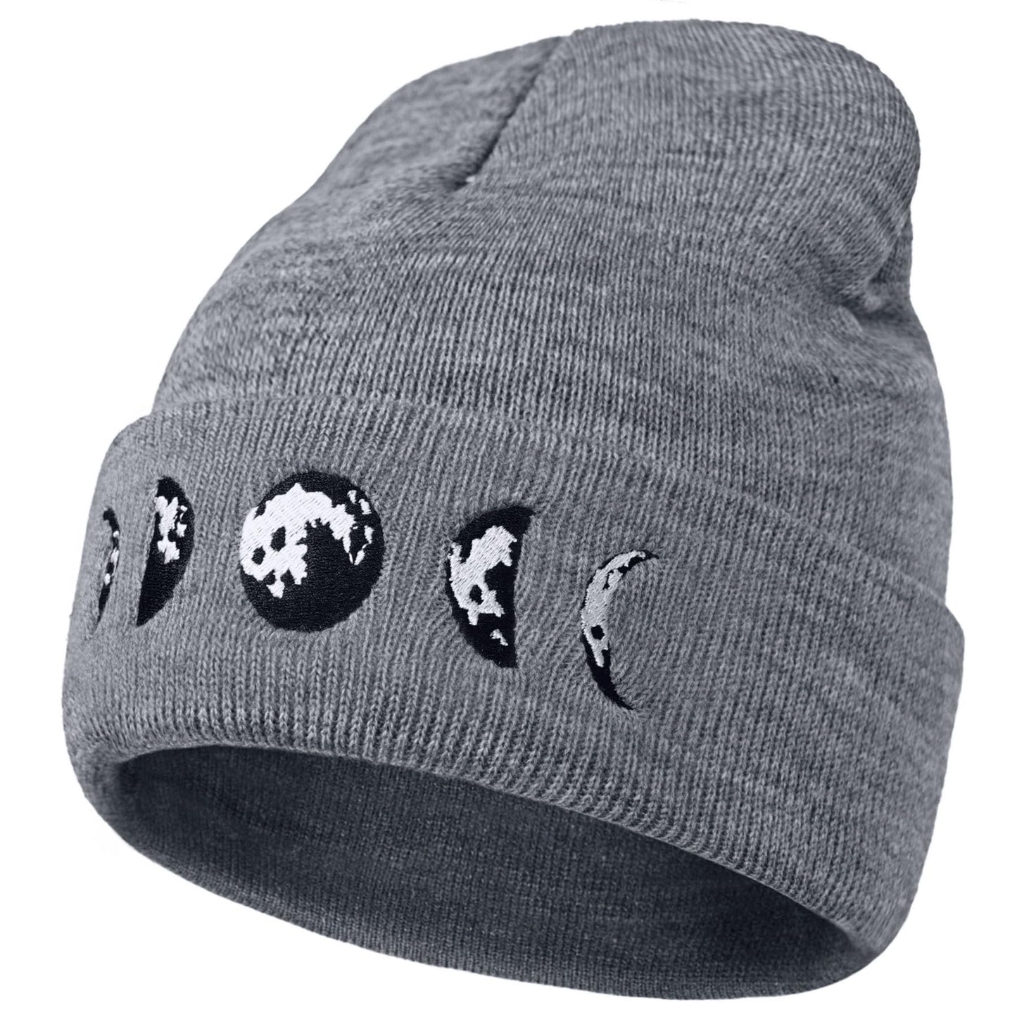 Gothic Moon Phase Skull Beanie Hats for Men Women, Warm Embroidery Winter Hat for Birthday Christmas & New Year