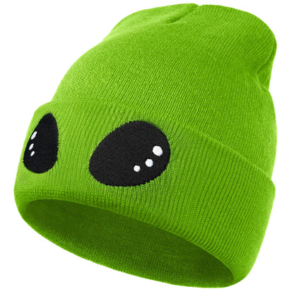 Funny Alien Beanie Hat with Big Eyes - Cuffed Cool Graphic Beanies Knit Winter Hats Warm Soft Stretchy Daily Cap
