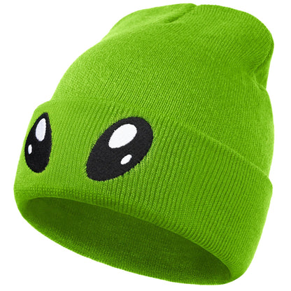 Funny Alien Beanie Hat with Big Eyes - Cuffed Cool Graphic Beanies Knit Winter Hats Warm Soft Stretchy Daily Cap
