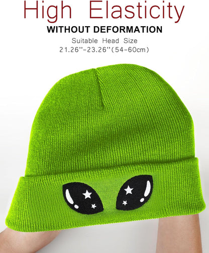 Funny Alien Beanie Hat with Big Eyes - Cuffed Cool Graphic Beanies Knit Winter Hats Warm Soft Stretchy Daily Cap
