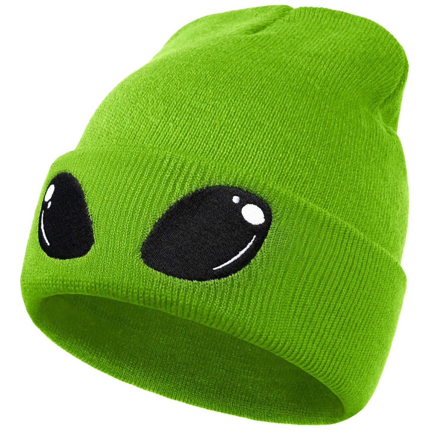 Funny Alien Beanie Hat with Big Eyes - Cuffed Cool Graphic Beanies Knit Winter Hats Warm Soft Stretchy Daily Cap