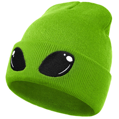 Funny Alien Beanie Hat with Big Eyes - Cuffed Cool Graphic Beanies Knit Winter Hats Warm Soft Stretchy Daily Cap