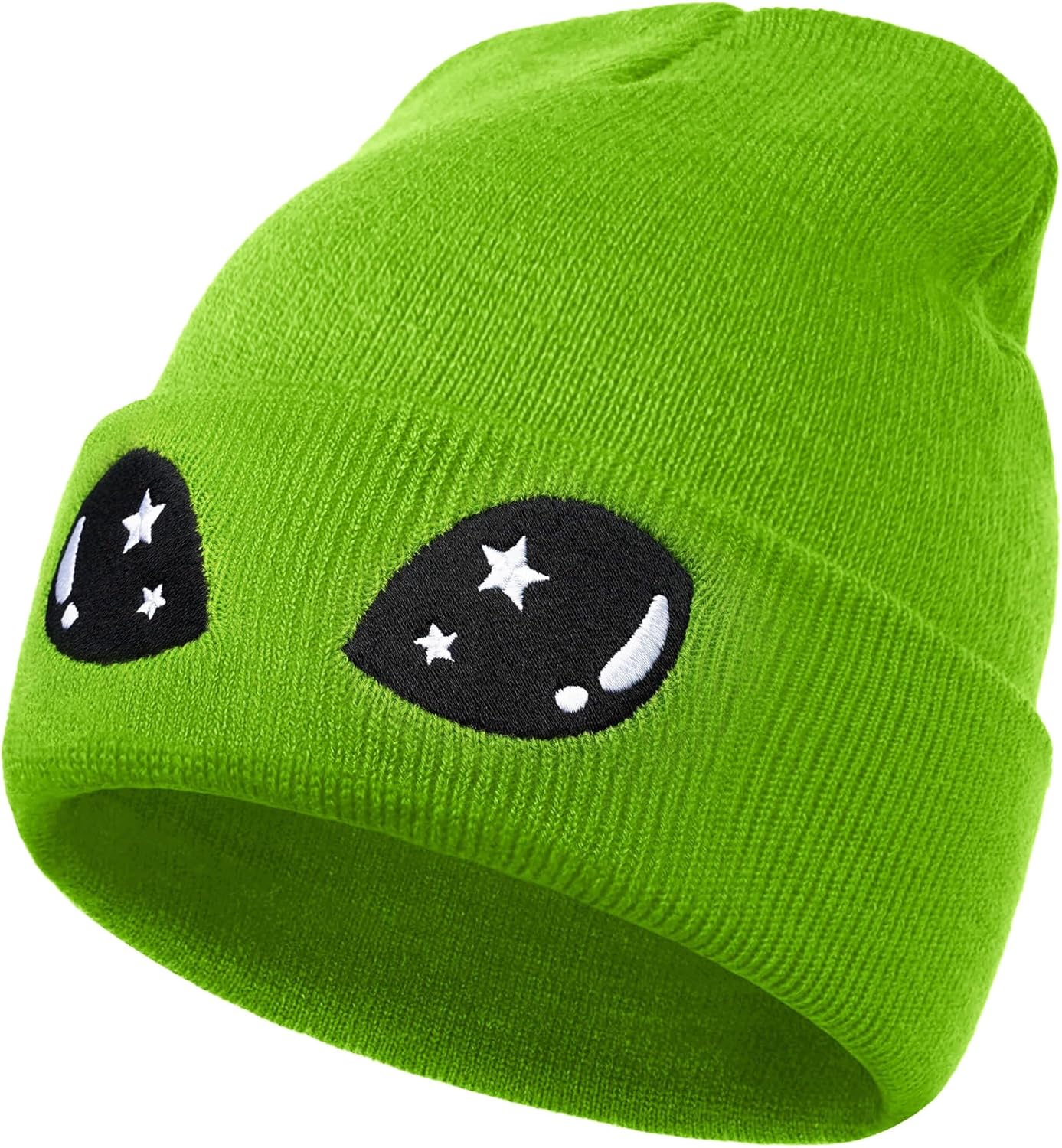 Funny Alien Beanie Hat with Big Eyes - Cuffed Cool Graphic Beanies Knit Winter Hats Warm Soft Stretchy Daily Cap