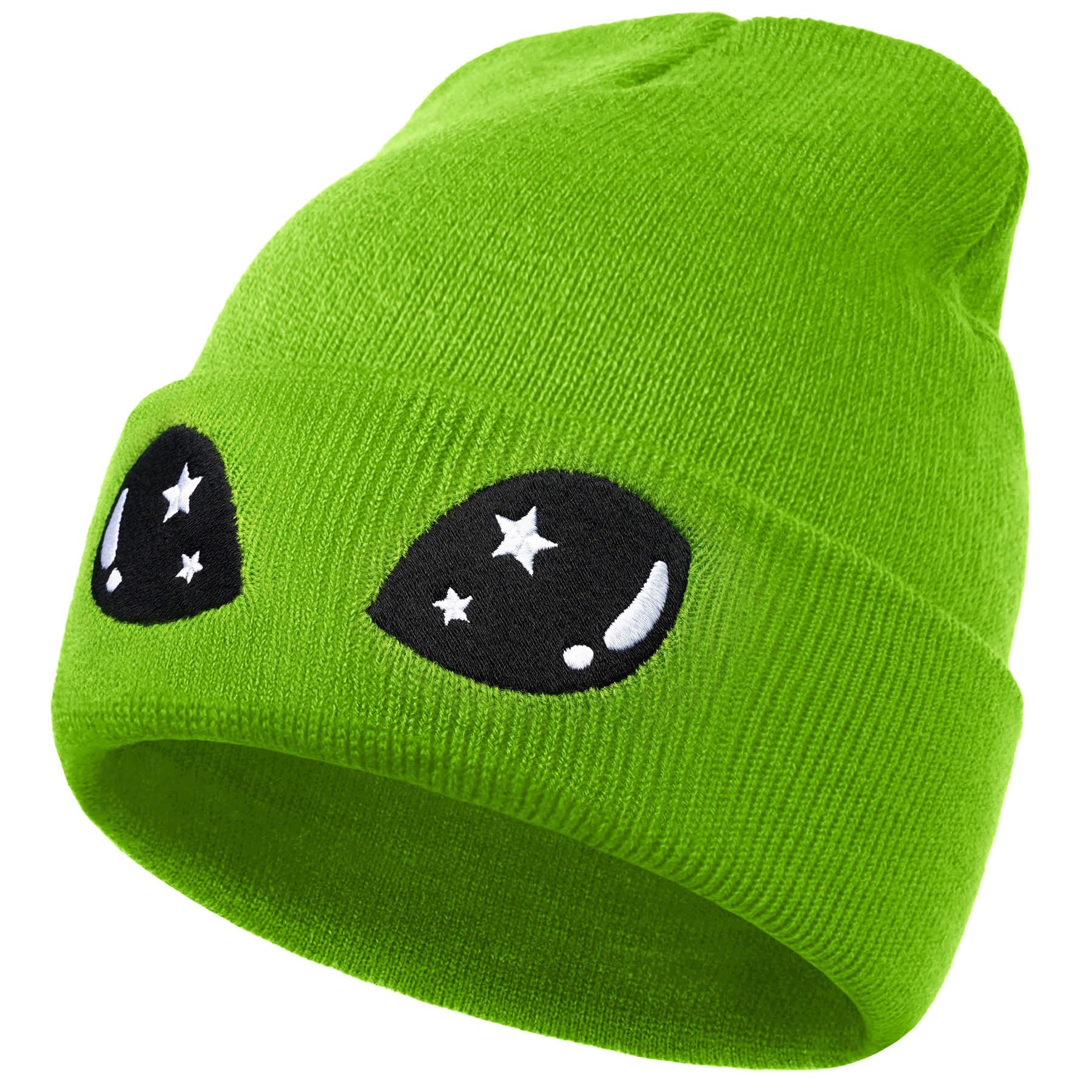 Funny Alien Beanie Hat with Big Eyes - Cuffed Cool Graphic Beanies Knit Winter Hats Warm Soft Stretchy Daily Cap