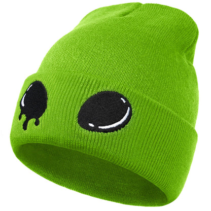 Funny Alien Beanie Hat with Big Eyes - Cuffed Cool Graphic Beanies Knit Winter Hats Warm Soft Stretchy Daily Cap