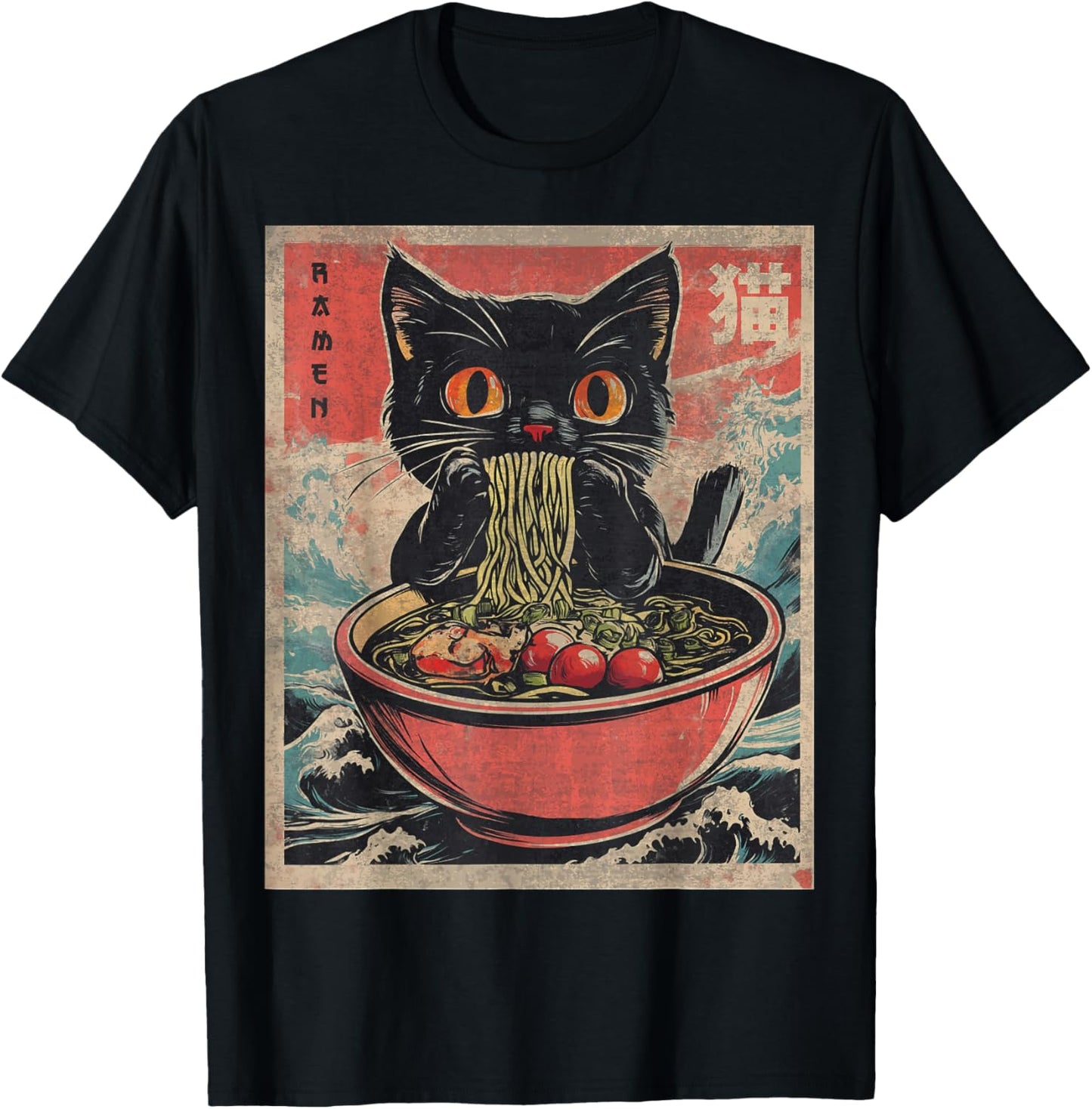 Unisex Anime Cat Ramen Japanese Funny Graphic Tees Kawaii Cat Anime Gifts T-Shirt Black XS