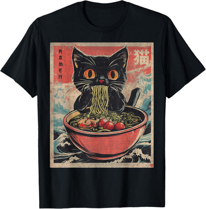 Unisex Anime Cat Ramen Japanese Funny Graphic Tees Kawaii Cat Anime Gifts T-Shirt Black XS