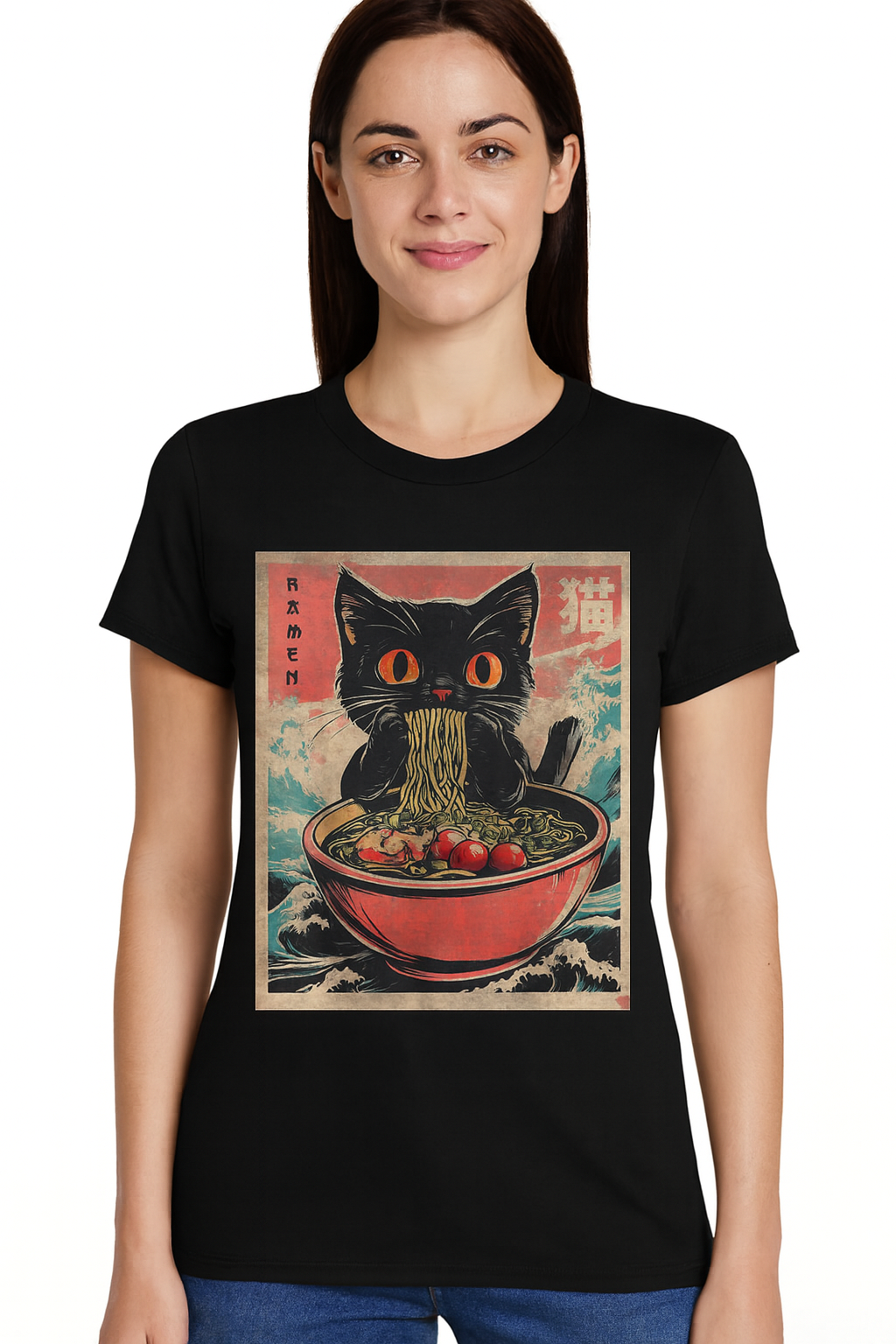 Unisex Anime Cat Ramen Japanese Funny Graphic Tees Kawaii Cat
