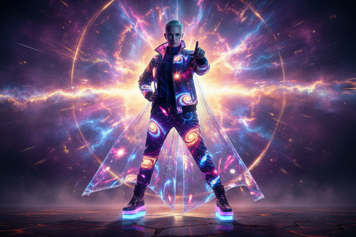 Because style should be a supernova, not a shadow. Kosmic Threadz is for the bold, the curious, and the creatively charged. We believe your wardrobe should reflect your universe—custom, expressive, and lightyears ahead. take this statement and generate me a photo relating to it