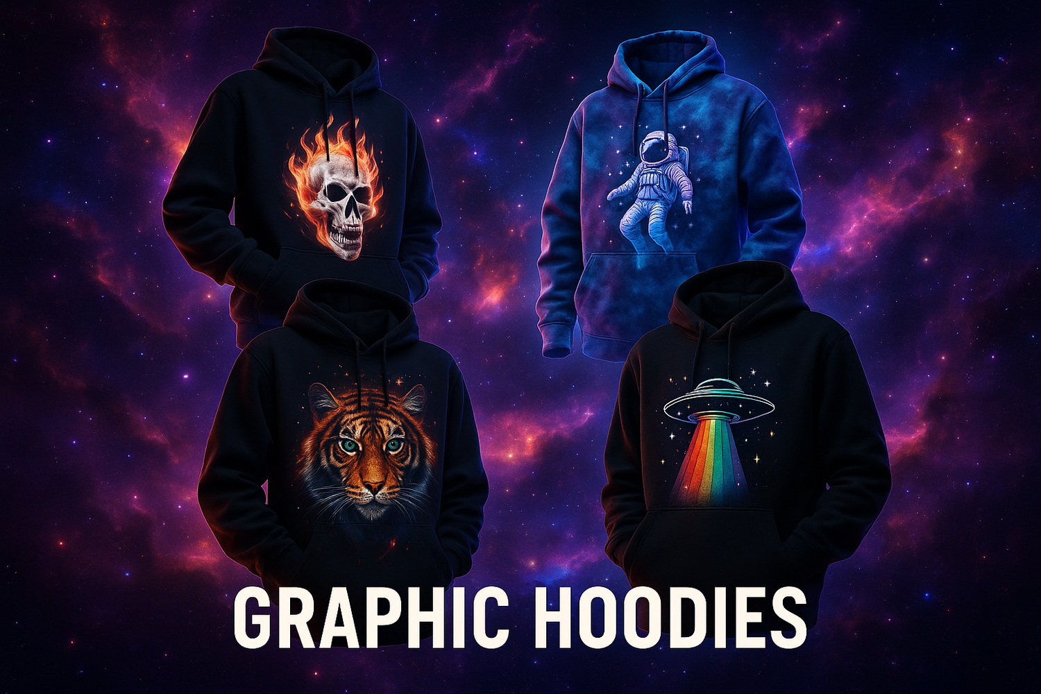 get me an image the advertises my graphic hoodies to make an eye opening visual with a space background